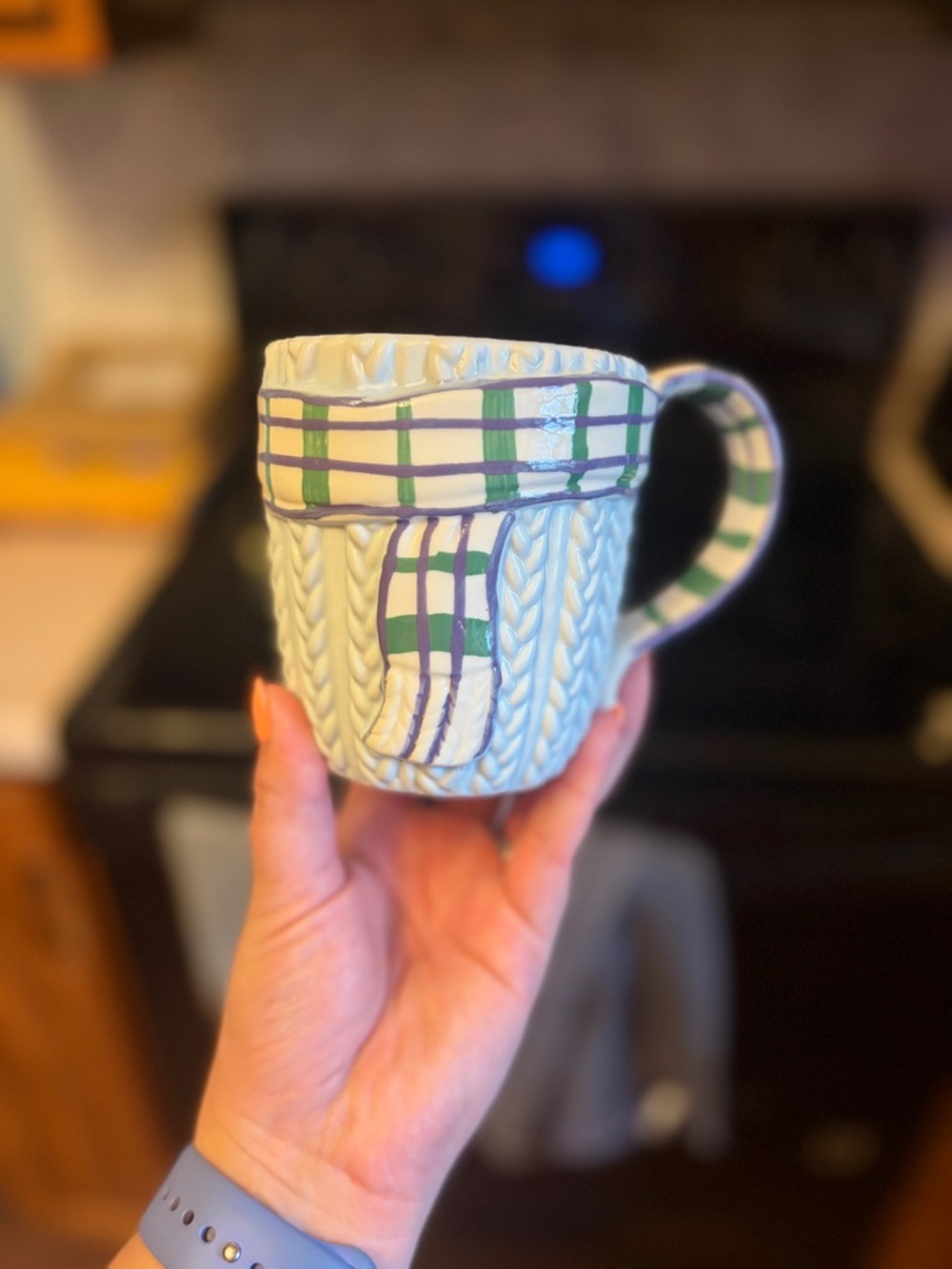 Anthropologie Winter Cream Knit-Texture Mug with Green & Purple Plaid Trim